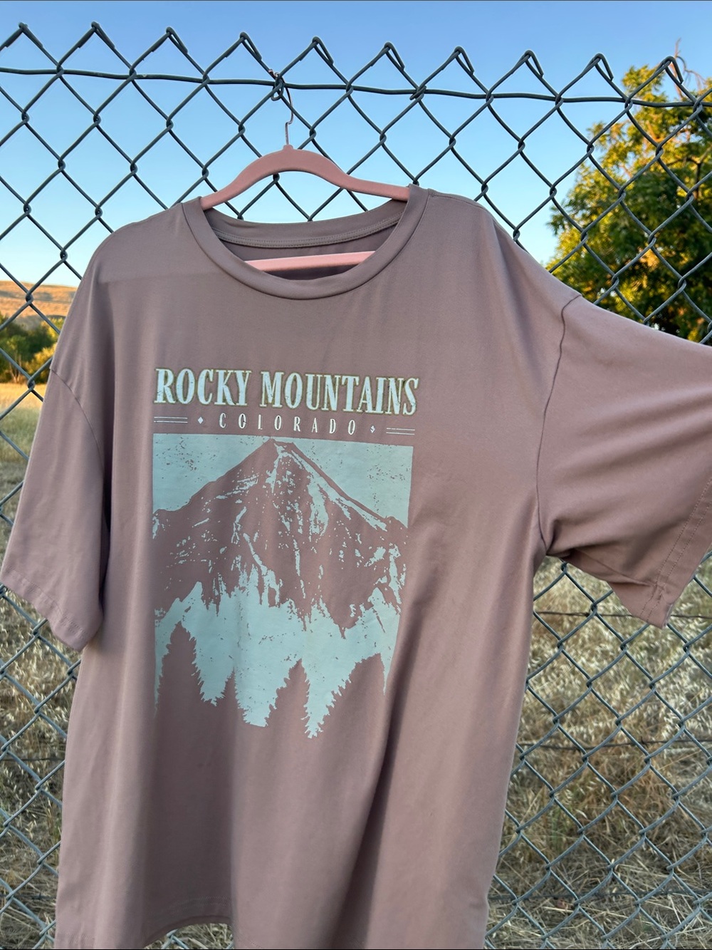 Rocky Mountains Graphic Tee in Dusty Mauve and light green logo
